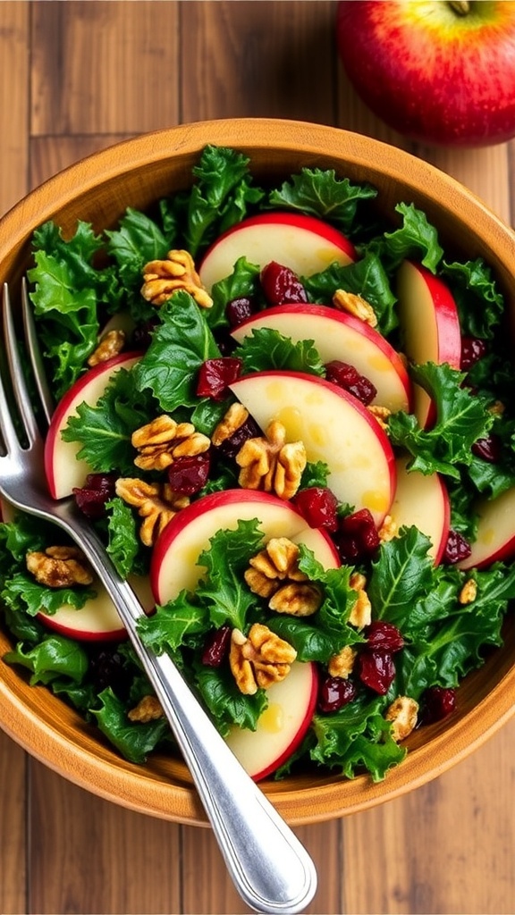 A colorful kale and apple salad with walnuts and cranberries in a wooden bowl on a rustic table.